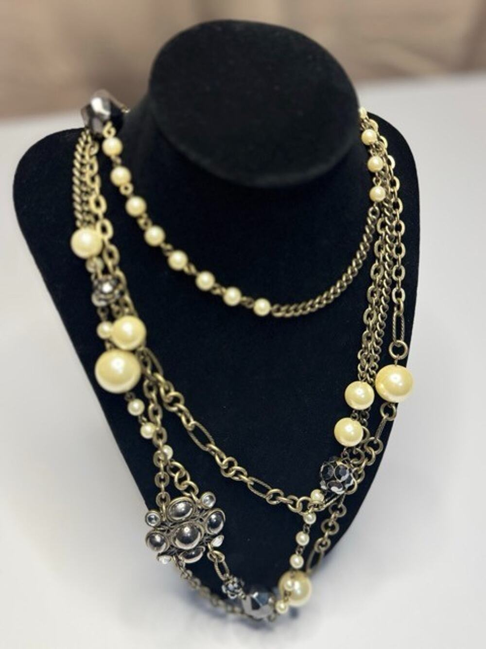 Lia Sophia "Classique” Antique Gold Tone w/Glass Pearls & Cut Crystals Necklace